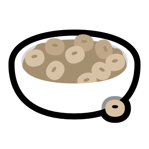 A bowl of light brown cereal loops, drawn in simplistic style with thick black outlines.